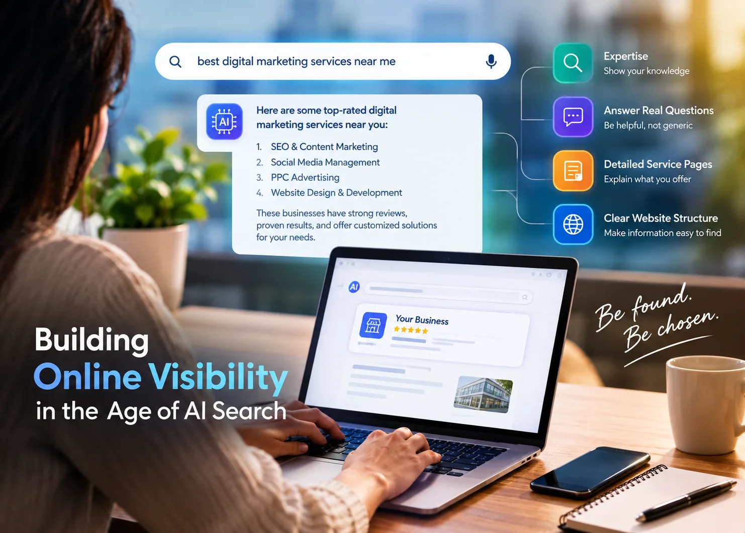 Modern workspace showing AI-powered search and online visibility, with a professional using a laptop, search results, AI recommendations, and digital business growth elements for modern marketing and business strategies online.